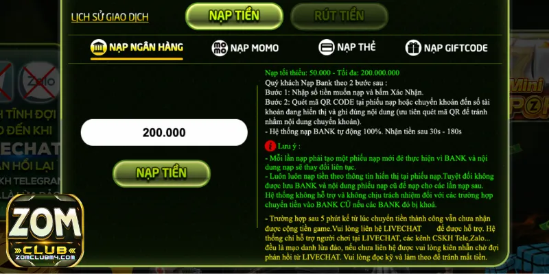 Hướng Dẫn Nạp tiền Zomclub Thành Công Siêu Nhanh Nạp tiền qua ngân hàng được người chơi lựa chọn nhiều nhất