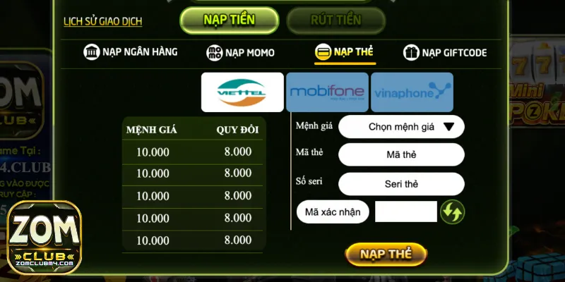 Hướng Dẫn Nạp tiền Zomclub Thành Công Siêu Nhanh Nạp tiền Zomclub qua thẻ cào tiện lợi và nhanh chóng